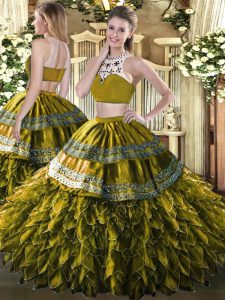 Olive Green Backless Quinceanera Dress Beading and Ruffles Sleeveless Floor Length