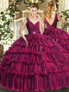 Edgy Floor Length Backless Vestidos de Quinceanera Fuchsia for Sweet 16 and Quinceanera with Beading and Ruffled Layers