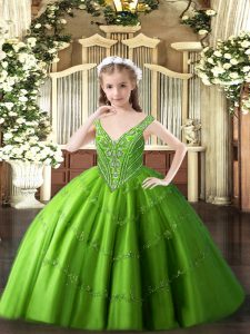 Super Green Tulle Lace Up V-neck Sleeveless Floor Length Little Girl Pageant Dress Beading and Appliques