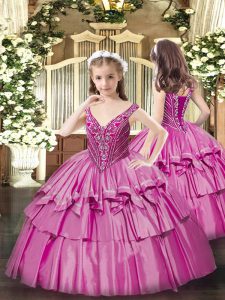 Excellent Fuchsia Lace Up V-neck Beading and Ruffled Layers Little Girls Pageant Dress Organza Sleeveless