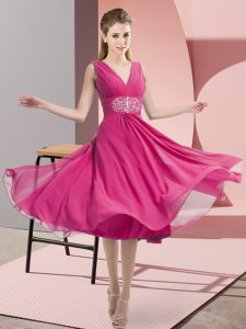 Stylish Hot Pink Side Zipper V-neck Beading Dama Dress Chiffon Sleeveless