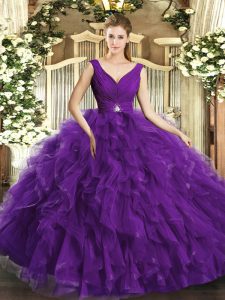 Custom Made Sleeveless Tulle Floor Length Backless Vestidos de Quinceanera in Purple with Beading and Ruffles