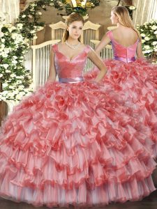 Free and Easy Watermelon Red Organza Zipper V-neck Sleeveless Floor Length Sweet 16 Quinceanera Dress Ruffled Layers