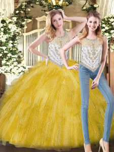 Fine Yellow Zipper Scoop Beading and Ruffles 15th Birthday Dress Organza Sleeveless