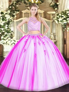 Rose Pink Two Pieces Tulle Scoop Sleeveless Beading Floor Length Zipper Quince Ball Gowns