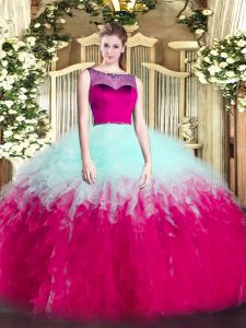 High End Scoop Sleeveless Quinceanera Gown Floor Length Beading and Ruffles Multi-color Tulle