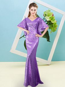 Lavender Half Sleeves Sequins Floor Length Prom Party Dress