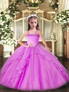 Lilac Organza Lace Up Straps Sleeveless Floor Length Pageant Gowns For Girls Appliques and Ruffles