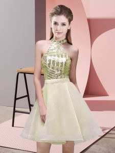 Light Yellow Dama Dress for Quinceanera Prom and Party and Wedding Party with Sequins Halter Top Sleeveless Backless