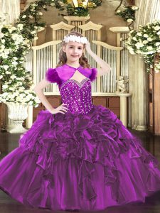 Fuchsia Organza Lace Up Girls Pageant Dresses Sleeveless Floor Length Beading and Ruffles