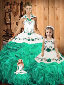Traditional Green Sleeveless Floor Length Embroidery and Ruffles Lace Up Quinceanera Dress