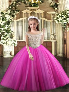 Fantastic Fuchsia Tulle Lace Up Off The Shoulder Sleeveless Floor Length Kids Pageant Dress Beading