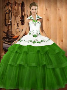 Lace Up Sweet 16 Dress Green for Military Ball and Sweet 16 and Quinceanera with Embroidery and Ruffled Layers Sweep Tra