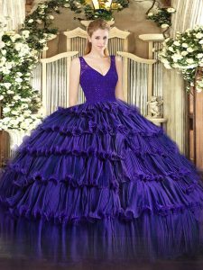 Cheap Purple Backless Quinceanera Dresses Beading and Lace and Ruffled Layers Sleeveless Floor Length