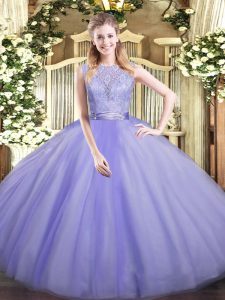 Exquisite Lavender Ball Gowns Tulle Scoop Sleeveless Lace Floor Length Backless Sweet 16 Dresses