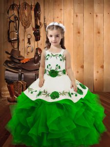 Fancy Green Ball Gowns Tulle Straps Sleeveless Embroidery and Ruffles Floor Length Lace Up Kids Pageant Dress