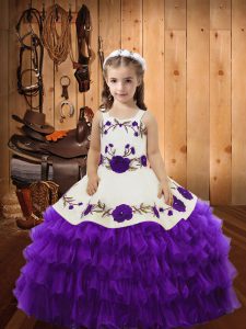 Eggplant Purple Organza Lace Up Straps Sleeveless Floor Length Girls Pageant Dresses Embroidery and Ruffled Layers