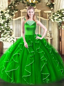Organza Scoop Sleeveless Side Zipper Beading and Ruffles Quinceanera Gowns in Green