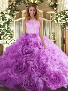 Customized Floor Length Lilac Sweet 16 Dress Fabric With Rolling Flowers Sleeveless Lace