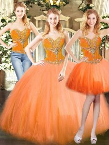 Glamorous Orange Red Three Pieces Tulle Sweetheart Sleeveless Beading Floor Length Lace Up Ball Gown Prom Dress