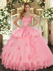 Watermelon Red Tulle Lace Up Quinceanera Gowns Sleeveless Floor Length Beading and Appliques and Ruffles