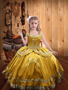 Gold Ball Gowns Off The Shoulder Sleeveless Satin Floor Length Lace Up Beading and Embroidery Little Girls Pageant Dress