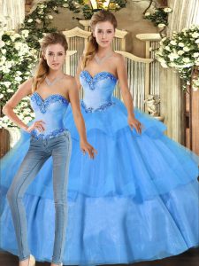 Sleeveless Organza Floor Length Lace Up Sweet 16 Dresses in Baby Blue with Beading and Ruffled Layers