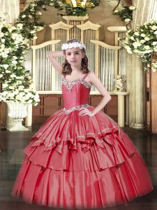 Coral Red Lace Up Child Pageant Dress Beading and Ruffled Layers Sleeveless Floor Length