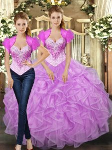 Eye-catching Ball Gowns Vestidos de Quinceanera Lilac Straps Tulle Sleeveless Floor Length Lace Up