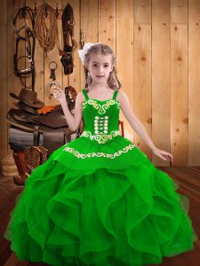 Latest Green Sleeveless Floor Length Embroidery and Ruffles Lace Up Child Pageant Dress