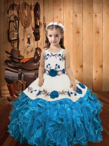 Fashion Baby Blue Lace Up Little Girls Pageant Dress Wholesale Embroidery and Ruffles Sleeveless Floor Length
