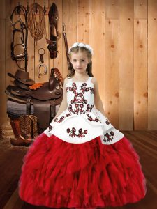 Glorious Straps Sleeveless Kids Formal Wear Floor Length Embroidery and Ruffles Red Organza