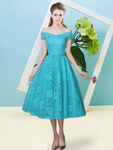 Artistic Cap Sleeves Lace Tea Length Lace Up Damas Dress in Teal with Bowknot