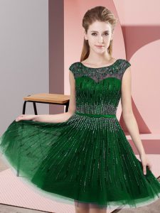 Hot Sale Empire Prom Gown Green Scoop Tulle Sleeveless Knee Length Backless