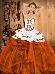 Strapless Sleeveless Lace Up Sweet 16 Dresses Orange Red Satin and Organza