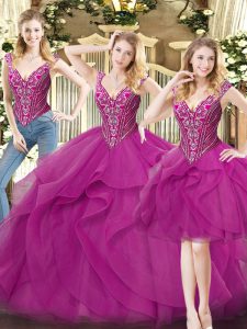 Low Price Fuchsia Three Pieces Beading and Ruffles Sweet 16 Quinceanera Dress Lace Up Organza Sleeveless Floor Length