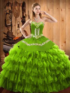 Custom Design Satin and Organza Sleeveless Floor Length 15 Quinceanera Dress and Embroidery and Ruffled Layers
