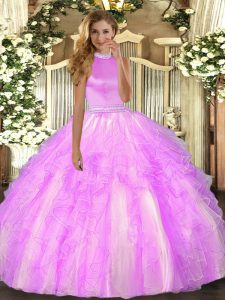 Super Organza Halter Top Sleeveless Backless Beading and Ruffles Quinceanera Dresses in Lilac