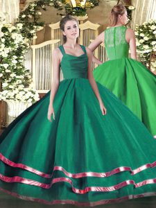 Amazing Straps Sleeveless Vestidos de Quinceanera Floor Length Ruffled Layers and Ruching Dark Green Organza