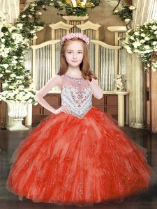 Sleeveless Tulle Floor Length Zipper Little Girls Pageant Dress in Red with Beading and Ruffles