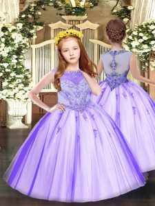 Glorious Lavender Ball Gowns Tulle Scoop Sleeveless Beading and Appliques Floor Length Zipper Pageant Dress for Womens