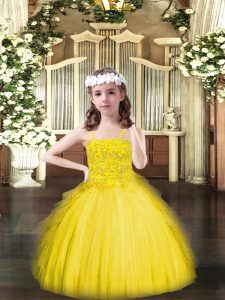 Glorious Yellow Ball Gowns Spaghetti Straps Sleeveless Tulle Floor Length Lace Up Beading and Ruffles Kids Formal Wear