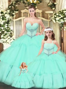 Hot Selling Tulle Sleeveless Floor Length 15th Birthday Dress and Beading and Ruching