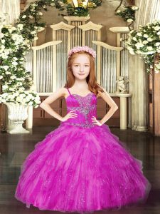 Eye-catching Fuchsia Ball Gowns Tulle Spaghetti Straps Sleeveless Beading and Ruffles Floor Length Lace Up Kids Pageant 