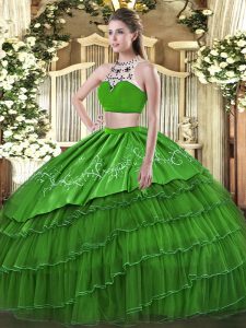 High-neck Sleeveless Ball Gown Prom Dress Floor Length Beading and Embroidery and Ruffles Green Tulle