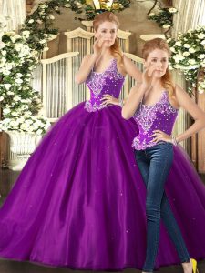 Purple Tulle Lace Up Straps Sleeveless Floor Length Quinceanera Gown Beading