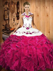 Sleeveless Embroidery and Ruffles Lace Up Quince Ball Gowns