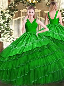 Green Sweet 16 Dresses Military Ball and Sweet 16 and Quinceanera with Embroidery and Ruffled Layers V-neck Sleeveless Z