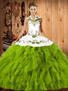 Satin and Organza Halter Top Sleeveless Lace Up Embroidery and Ruffles Quince Ball Gowns in Olive Green
