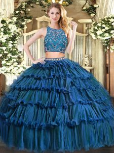 Luxury Sleeveless Zipper Floor Length Beading and Ruffled Layers Ball Gown Prom Dress
